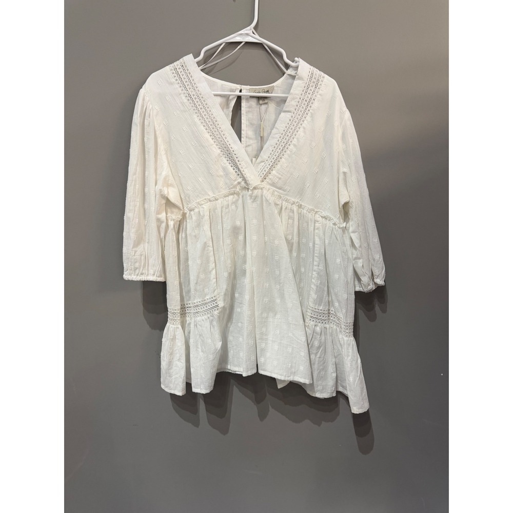 Charlie Paige White Swiss Dot Crochet Lace Babydoll Tunic Top V-Neck L NWT